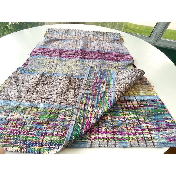 Vintage 60s kilim, handmade rag rug, blue, green, purple entryway or kitchen run - Picture 9 of 10